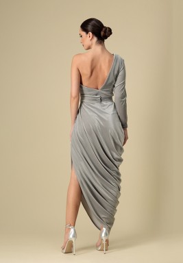 Silver One Shoulder Velvet Dress