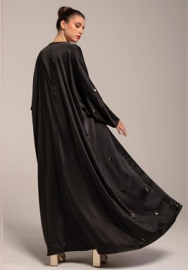 Black Silk Crepe Embellished Leaves Abaya