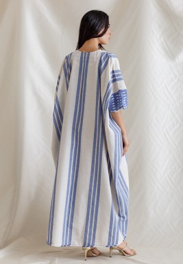 Blue Striped Kaftan with Mirrored Off-White Collar and Circle Collage.