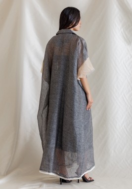 Greyish Black Kaftan with Off-White Details with Bird Embroidered Appliqué