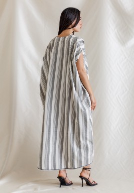 Grey/off-white Kaftan With Appliquéd Dark Grey Moons on the Pocket