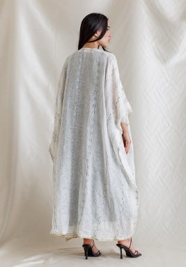 Grey And White Kaftan with Palm Tree Embellishment Set