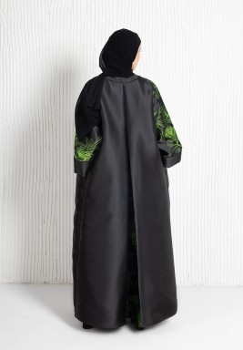 Lime Punch Mikado Abaya with Roll-Up Sleeves and Jacquard Printed Fine Line Pocket.