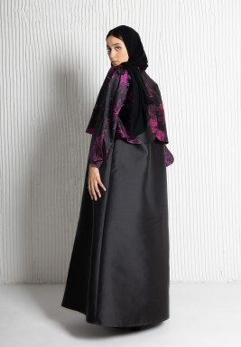 Mikado Abaya With Printed Jacquard Overlapping Panels and Curved Lapel