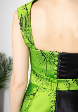 Two-Toned Dress with Statement Tail and Jacquard Printed Belt