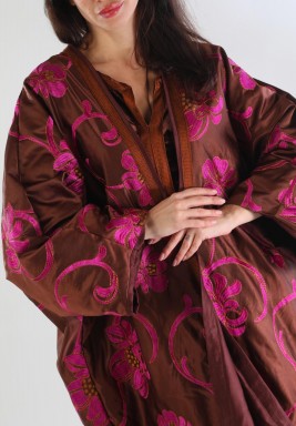 Embroidered Bisht with Ruffled Printed Velvet Dress – Brown & Fuchsia