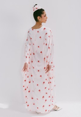 White & Red Belted Draped Silk Kaftan with a Touch of Heart Shaped Print