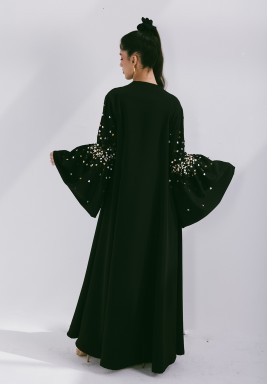 Black Coffee Crepe Abaya with Puffed Sleeve and Scattered Embroidery