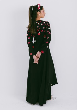 After Dark Crepe Flowy Dress with Scattered Embroidery in Lips and Heart Motifs
