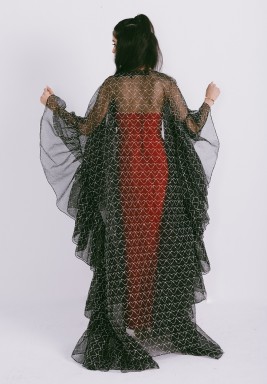 Black Coffee Organza Abaya with Gathered Frills on the Side and Heart Shaped Metallic Threads on Fabric. 