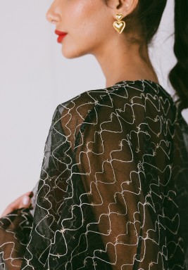 Black Coffee Classic Cut Organza Evening Abaya With Metallic Treads and Heart Motifs on the Fabric