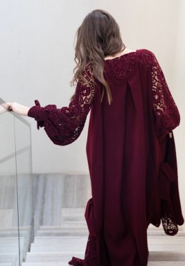 Maroon Crepe and Velvet Lace Kaftan