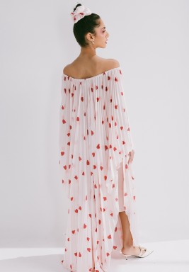 Pleated Printed Silk Off-Shoulder Kaftan 