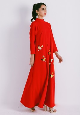 Tomatoe Long Sleeve Crepe Dress With 3D Embroidery with High Collar Neck Closed with A Bow