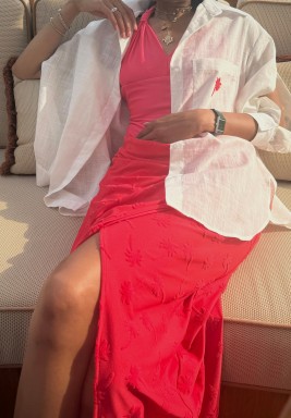 White Shirt & Hot Coral Skirt Set