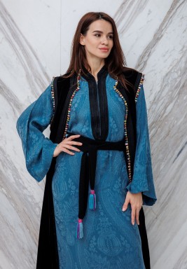 Super Blue Tasseled Belt Kaftan with Velvet Vest Set