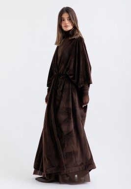 Brown Tulle High Neck Kaftan with Velvet Bisht