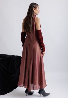 Maroon Halter Neck Velvet Dress with Gloves