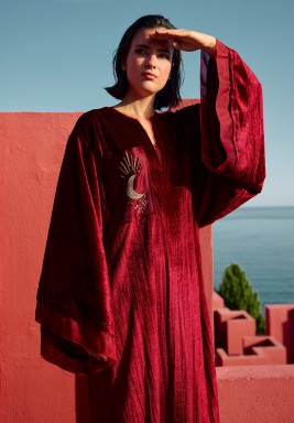 The Moon Maroon Embroidered Velvet Kaftan