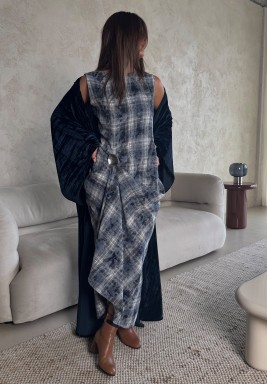 Plaid and Velvet Bisht Set 