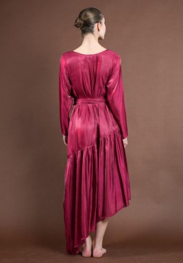 Maroon Belted High Low Satin Dress