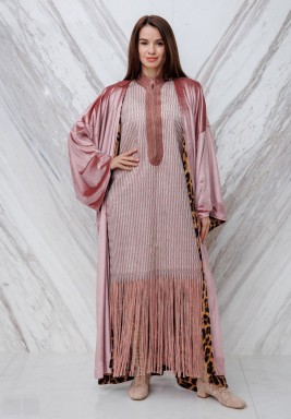 Rose Fringed Kaftan with Leopard Print Bisht