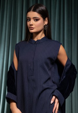 Navy Velvet Bisht With Striped Kaftan