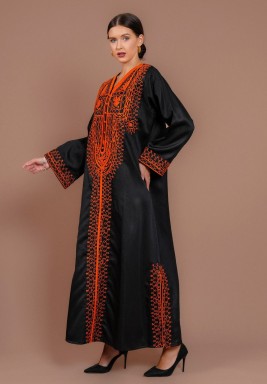 Royal Black Kaftan with Orange Embroidery