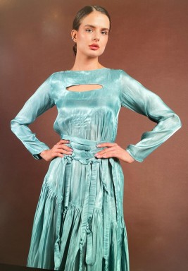 Turquiose Belted High Low Satin Dress