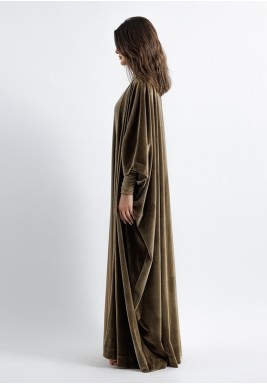 KhakiTulle High Neck Kaftant with Velvet Bisht 