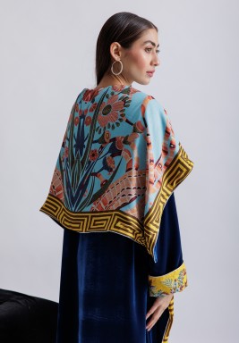 Navy Blue Velvet Bisht With Shawl