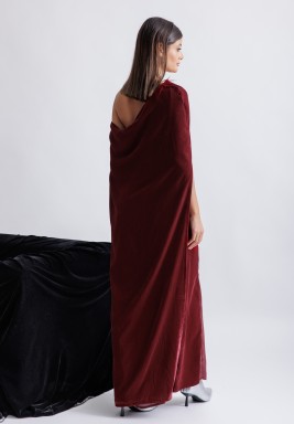 Maroon Silk and Velvet Kaftan Set