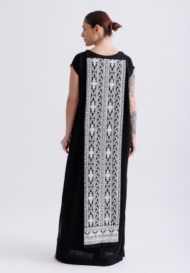 Black Kaftan with Embroidred Panel