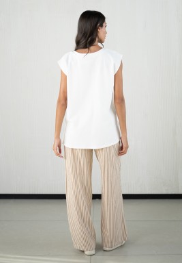 Wide Leg Beige Stripped Trousers 