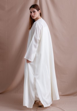 Beige Lined Bisht Set with Embroidery