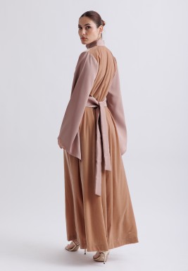 Embroidered Neckline Velvet Kaftan in Dark Nude