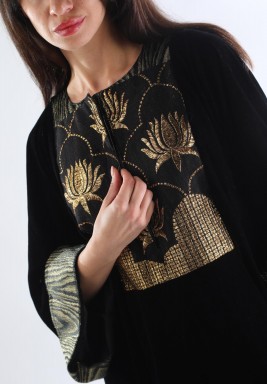 Royal Black Floral Embroidery Velvet Kaftan