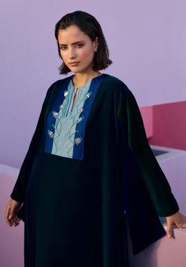 Navy Blue & Green Velvet Kaftan with Front Embroidery