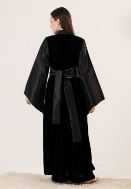 Embroidered Neckline Velvet Kaftan in Black