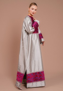 Silver Gray Kaftan with Purple Embroidery