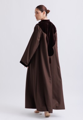 Brown Cotton Loose Kaftan with Velvet Details