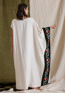Cream Linen Kaftan with Velvet Panel