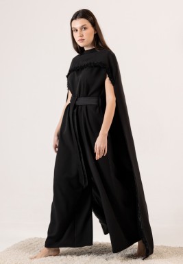 Black Wide Leg Belted Jumpsuit with A Cape