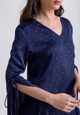 Navy Studded Satin Dress with Slit Sleeves and Ties 