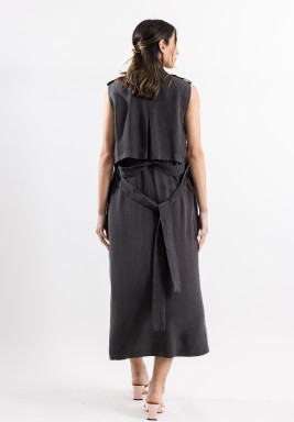 Grey Washed Silk Sleeveless Trench Coat & Dress