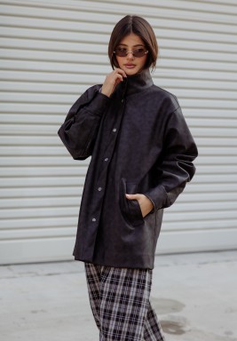 Washed Black Relaxed Fit Leather Jacket 