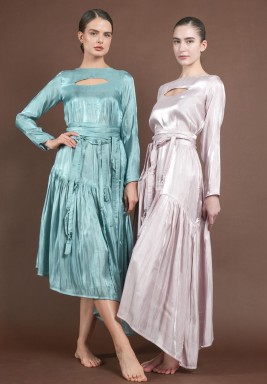 Pink Belted High Low Satin Dress