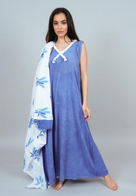 Blue Velvet Kaftan & Printed Bisht Set