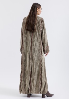 Pink-Trimmed Taupe Velvet Kaftan