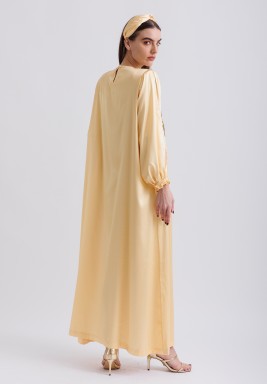 Yellow Heavy Satin Embroidered Kaftan with Headband 